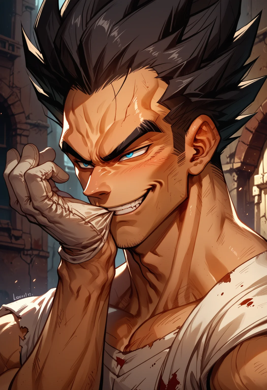 score_9, score_8_up, score_7_up, score_6_up, score_5_up, score_4_up, 1boy, glove biting, white gloves, mouth hold, <lora:AdjustingGlovesWithLips_XLPD:1>, upper body, Vegeta, dragon ball, smirk, evil smirk, lean build, dark hair, wearing Saiyan armor, solo focus, cinematic angle, cinematic light, abandoned city ruins,
<lora:add-detail-xl:1> <lora:somethingweird:0.2> <lora:Expressive_H-01:0.4><lora:c0l0urc0r3XLP2:0.4> <lora:RELSM_v1:0.9> <lora:Fant5yP0ny:0.8>