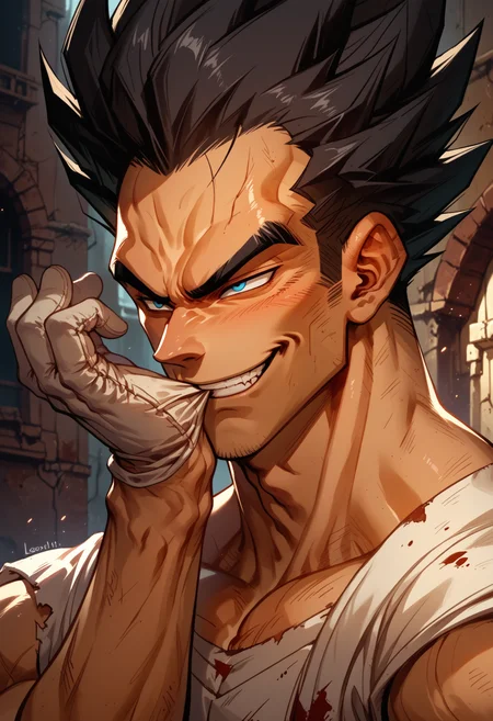 score_9, score_8_up, score_7_up, score_6_up, score_5_up, score_4_up, 1boy, glove biting, white gloves, mouth hold, <lora:AdjustingGlovesWithLips_XLPD:1>, upper body, Vegeta, dragon ball, smirk, evil smirk, lean build, dark hair, wearing Saiyan armor, solo focus, cinematic angle, cinematic light, abandoned city ruins,
<lora:add-detail-xl:1> <lora:somethingweird:0.2> <lora:Expressive_H-01:0.4><lora:c0l0urc0r3XLP2:0.4> <lora:RELSM_v1:0.9> <lora:Fant5yP0ny:0.8>