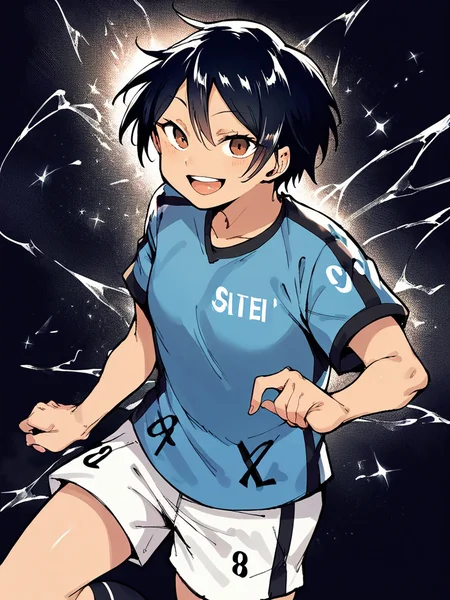 score_9, score_8_up, score_7_up,
1girl, Kikuchi yua, black hair, short hair, small breasts, tan, brown eyes,
standing, soccer uniform, short sleeves, white shorts, black socks, smile, open mouth, looking at viewer, black background,