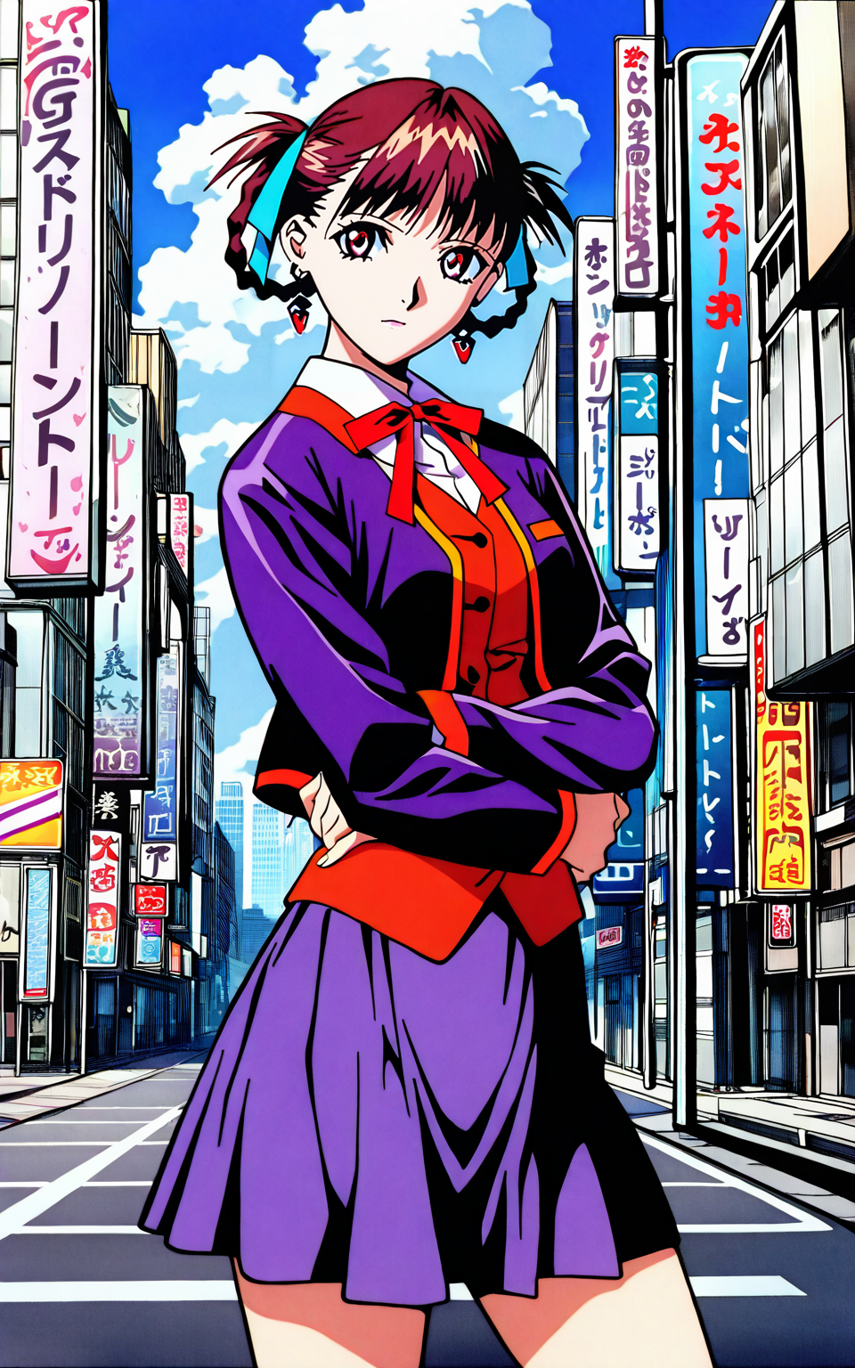 masterpiece:1.2, detailed, kaitoero artstyle, 1girl, solo, sawakto, sukurusora outfit, bangs, brown hair, red eyes, long sleeves, makeup, ribbon, jewelry, jacket, hair ribbon, braid, earrings, kurisutaruxx earrings, hair rings, uniform, vest, skirt, standing, (cowboy shot), city, day, building, street, sign, sky, cloud, road, looking at viewer, <lora:kite:1>