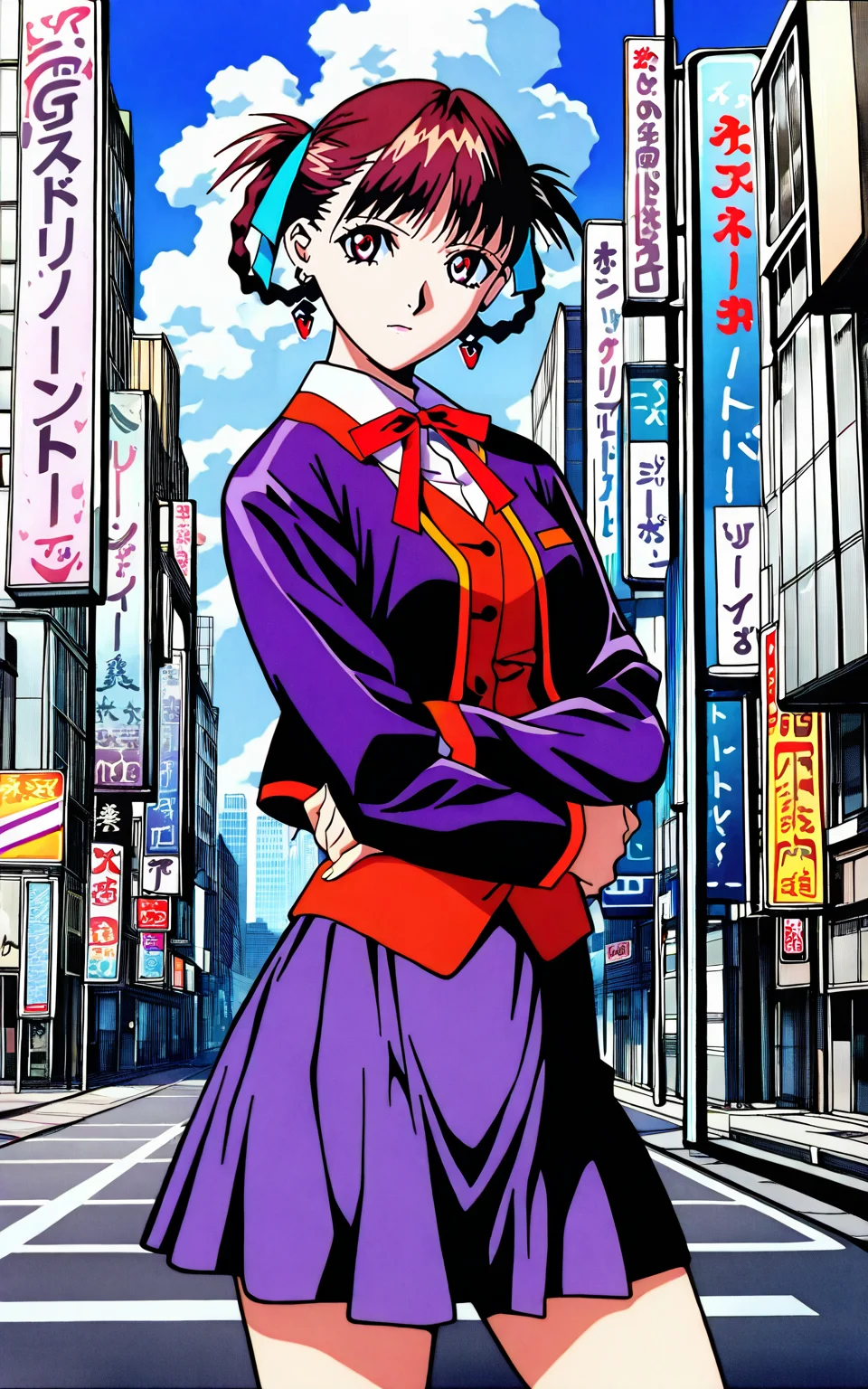 masterpiece:1.2, detailed, kaitoero artstyle, 1girl, solo, sawakto, sukurusora outfit, bangs, brown hair, red eyes, long sleeves, makeup, ribbon, jewelry, jacket, hair ribbon, braid, earrings, kurisutaruxx earrings, hair rings, uniform, vest, skirt, standing, (cowboy shot), city, day, building, street, sign, sky, cloud, road, looking at viewer, <lora:kite:1>