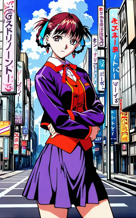 masterpiece:1.2, detailed, kaitoero artstyle, 1girl, solo, sawakto, sukurusora outfit, bangs, brown hair, red eyes, long sleeves, makeup, ribbon, jewelry, jacket, hair ribbon, braid, earrings, kurisutaruxx earrings, hair rings, uniform, vest, skirt, standing, (cowboy shot), city, day, building, street, sign, sky, cloud, road, looking at viewer, <lora:kite:1>