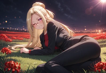 masterpiece, best quality, anime, BREAK 1girl, solo,looking at viewer,seductive smile,one eye closed,glowing, on grass,spider lily, solo, on side, <lora:RealisticAnimeIXL:0.5> bokeh, luminescent background, <lora:Dramatic Lighting Slider:4> <lora:KuraraTendo-ILXL-V1:1> zt kurara black suit,blonde hair, long hair, half updo, purple eyes,office lady,black pants, semi-rimless eyewear, red shirt,black suit,asymmetrical bangs, parted bangs