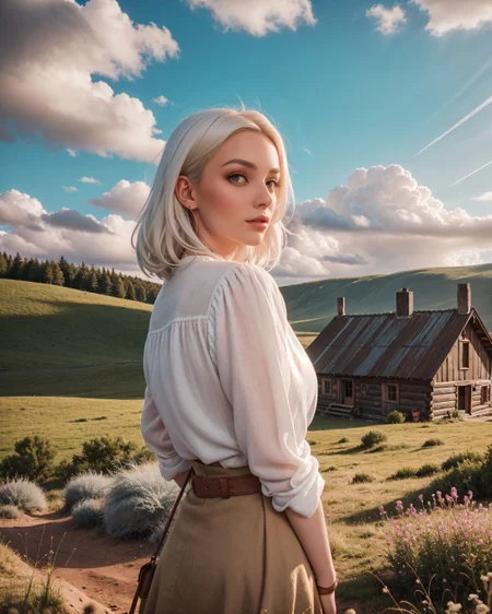 (HDRI:1.4), (Sn0frid_v1, white hair:1.3), medium bosom, (style of Dorothea Lange) rugged frontier homestead woman, 1800s Montana, linen blouse, long skirt, apron, practical sturdy boots, earthy tones, natural fibers, rustic charm, sepia-toned aesthetic, arid golden prairie, wooden cabin, wildflowers, cracked soil, farm tools, weathered textures, sun-dappled lighting, determined expression, confident pose, wind-tousled hair, (dramatic clouds:1.2), vast open landscape, vintage authenticity, pioneering spirit ,