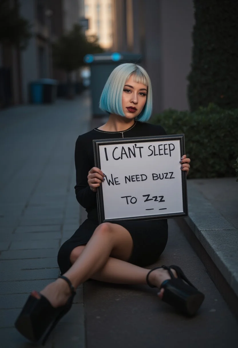 dark mood, cinematic film still (realistic), (photography), luxurious woman, (bobcut hair:1.3), cocktail microdress, platinum hair with blue highlights, sitting in the street holding a sign with text "I CAN'T SLEEP, I NEED BUZZ TO ZZZ", , D4aniel,
