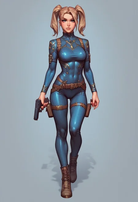 masterpiece, best quality, cowboy shot, French, stunning, 29yo, adult woman, light brown hair, uneven twintails, slender, Steel Teal bodysuit,
[EyeDetail, fFaceDetail,]
((full-clothed)), ((long big pistol in hands, handgun in hands))
BREAK 
strange world background score_9, score_8_up, score_7_up, score_6_up, source_cartoon, rating_explicit, Expressiveh, (((((full body))))), dynamic pose
