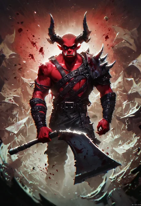 score_9,score_8_up,score_7_up,solo ,dark night,no light,very dark, big red orc, ork, horns, battle ready, aggressive, axe in hand, bloody axe, red skin, blood splatter, war-cry, weapons in background, flag