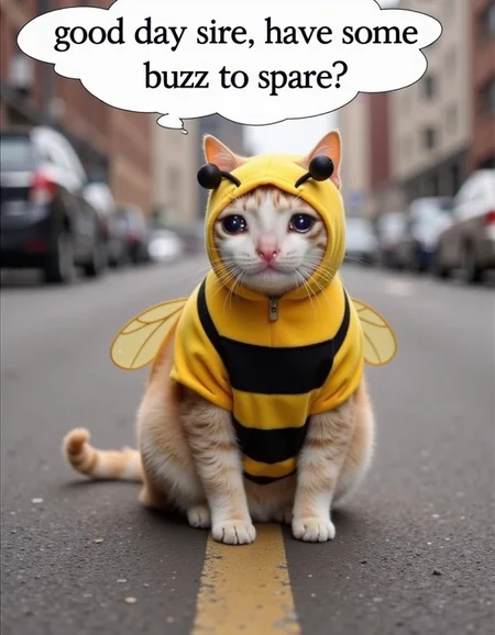 high resolution photo of a cute crying cat, wearing a cute bee costume with bee wings, sitting in the middle of a busy street. with text: "good day sire, have some buzz to spare?". <lora:crying_cat:0.9> <lora:TextimproverV0.4:0.8> aidmatextimprover