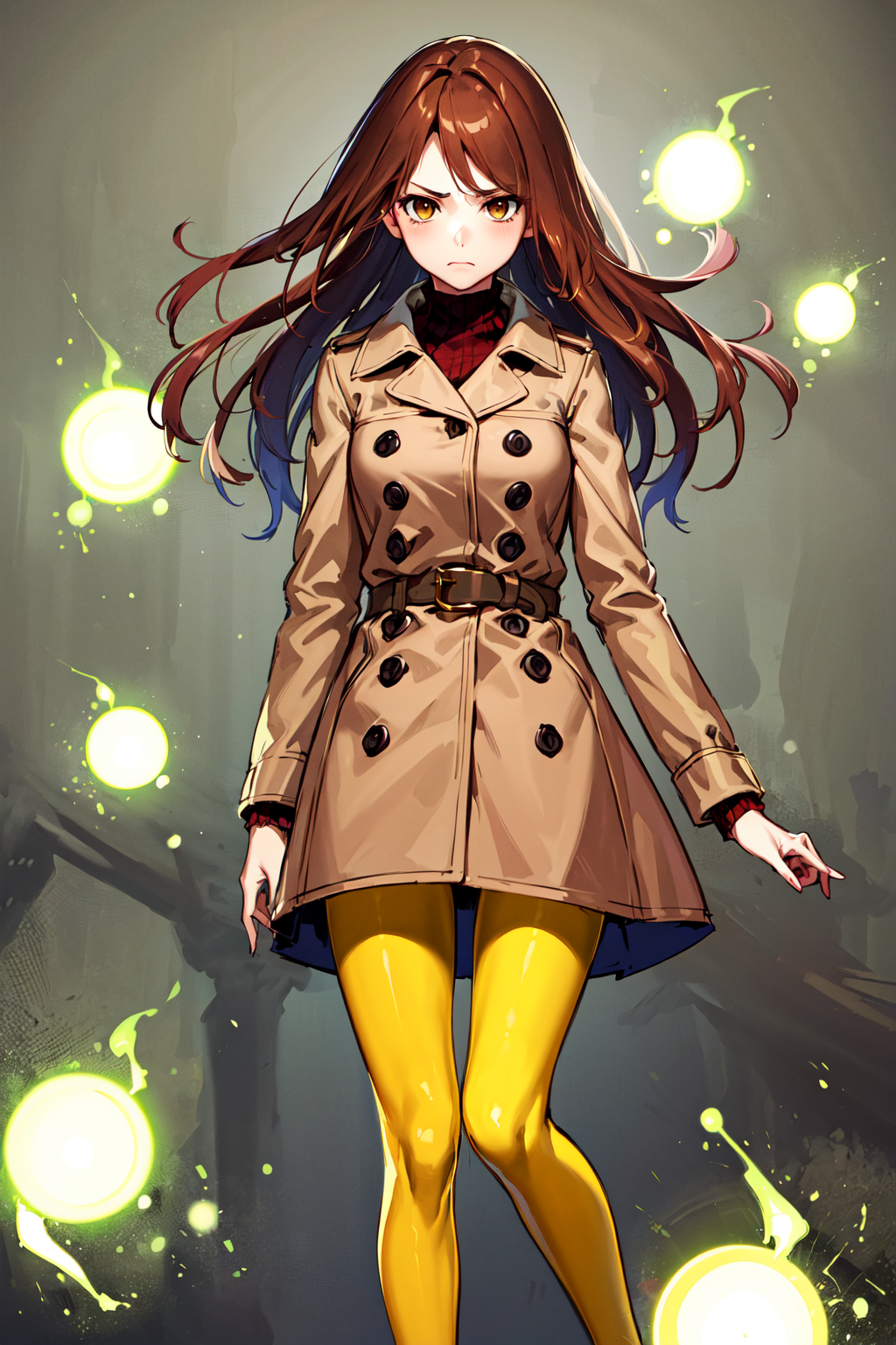 masterpiece, best quality, highres, shizuri1, solo, 1girl, pantyhose, brown hair, brown coat, scaf, yellow pantyhose, long hair, brown eyes, fashion, <lora:mugino_shizuri_v1:0.7>, frown, green magic, standing,