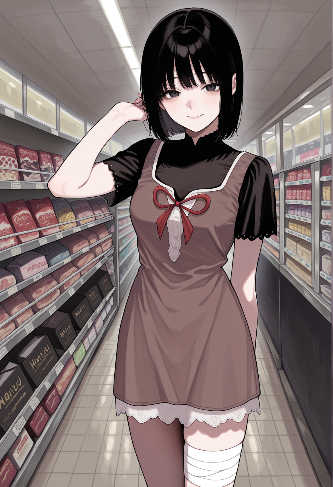 looking at viewer, 1girl, solo, mayu, short hair, black hair, black eyes, short dress, brown dress, ribbon, black sleeves, turtleneck, bandaged leg, standing, smile, hand on hair, smile, outdoors, shopping hall <lora:Miu_and_Mayu_fatal_frame:1>, masterpiece, best quality, amazing quality, very aesthetic, absurdres, highres, newest