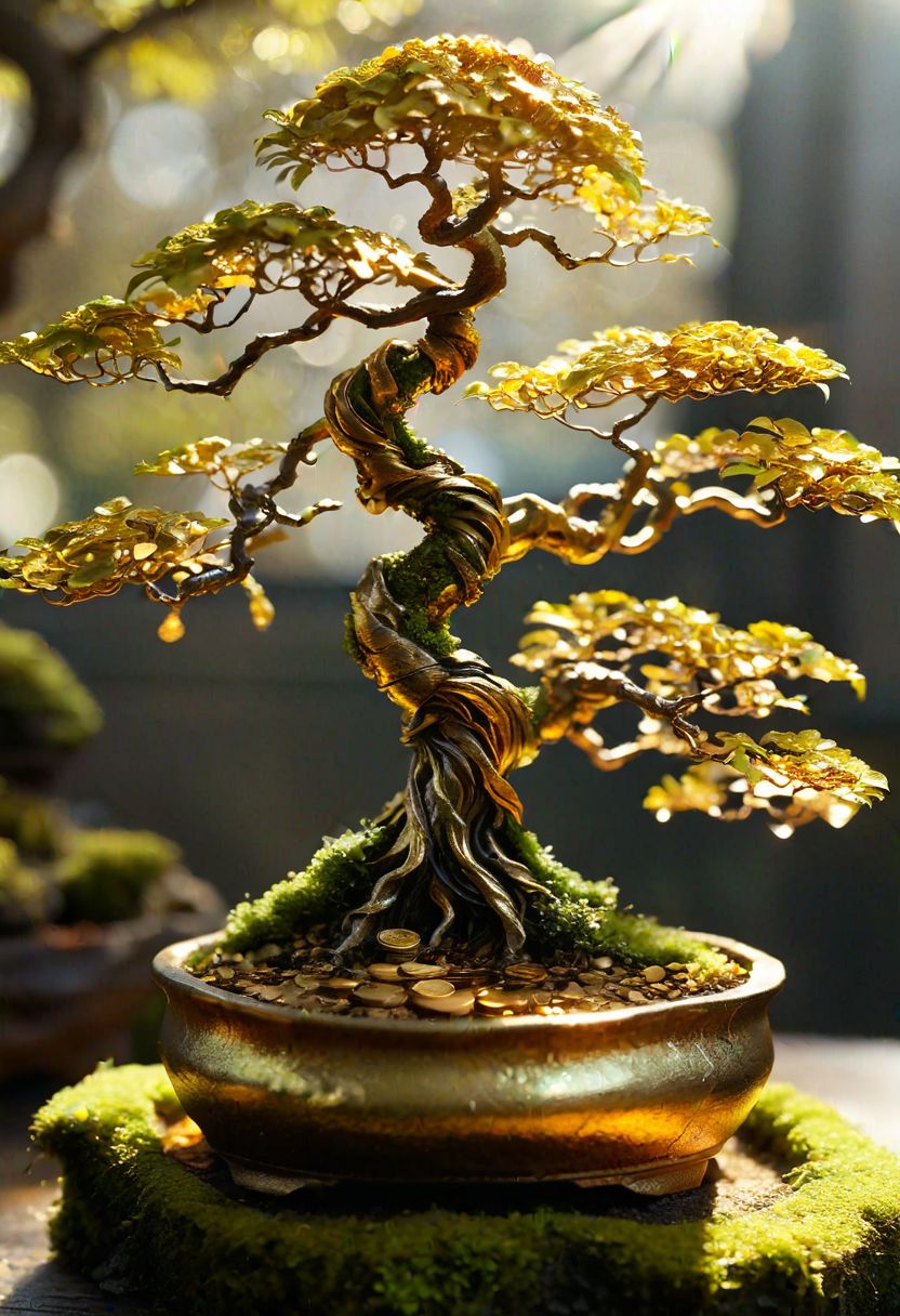 intricate bonsai tree, gnarled branches, leprechaun silhouette, miniature pot of gold, shimmering gold coin leaves, dappled sunlight, mossy base, magical, whimsical, hyperrealistic