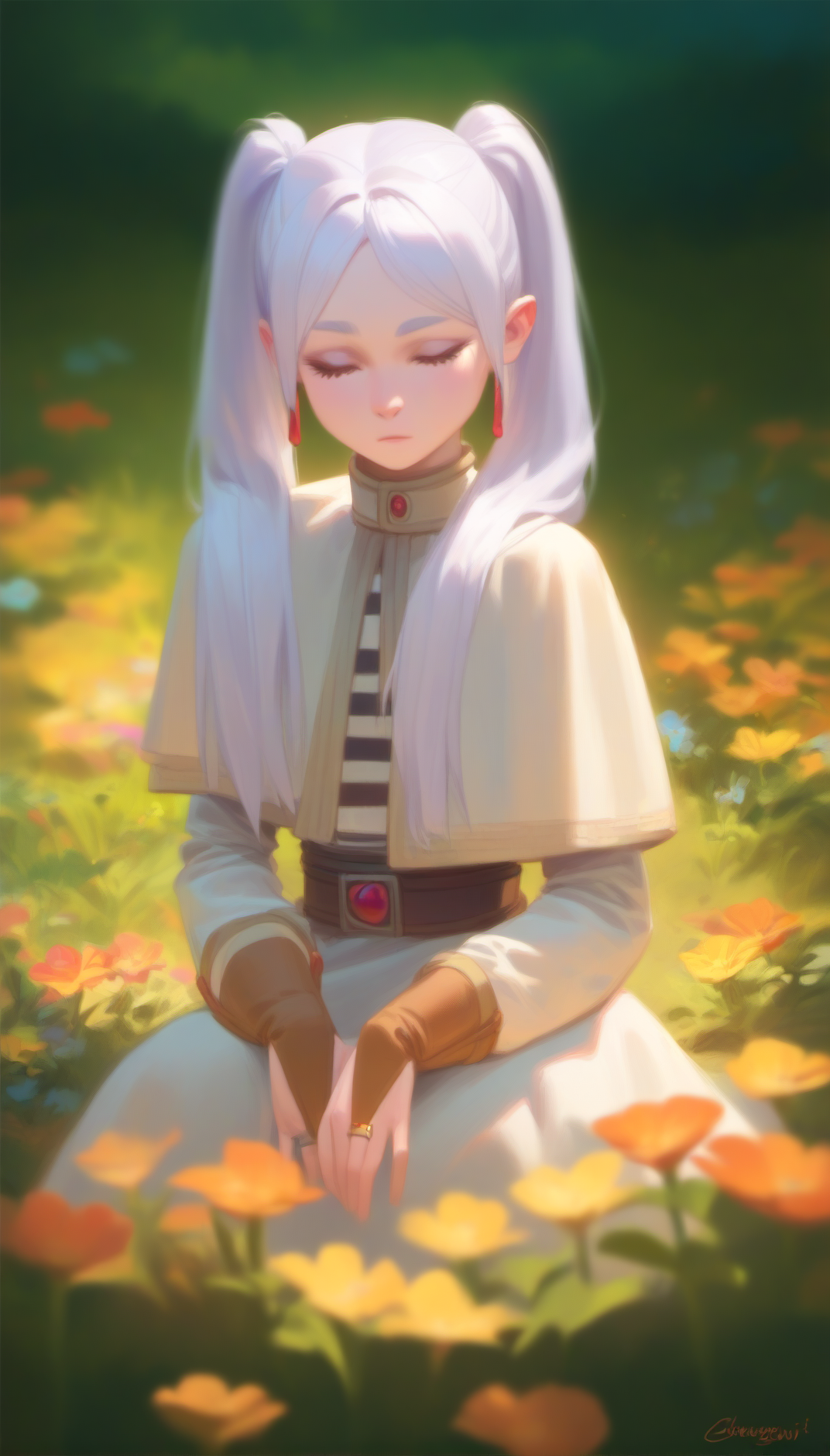 score_9, score_8_up, score_7_up, score_6_up,
(celtic knot:1.2), ring, flower field, four-leaf clover,
nereirfpnxl, frieren, silver hair, twintails, bridal gauntlets,
<lora:frieren_nereirfpnxl_pony:1>