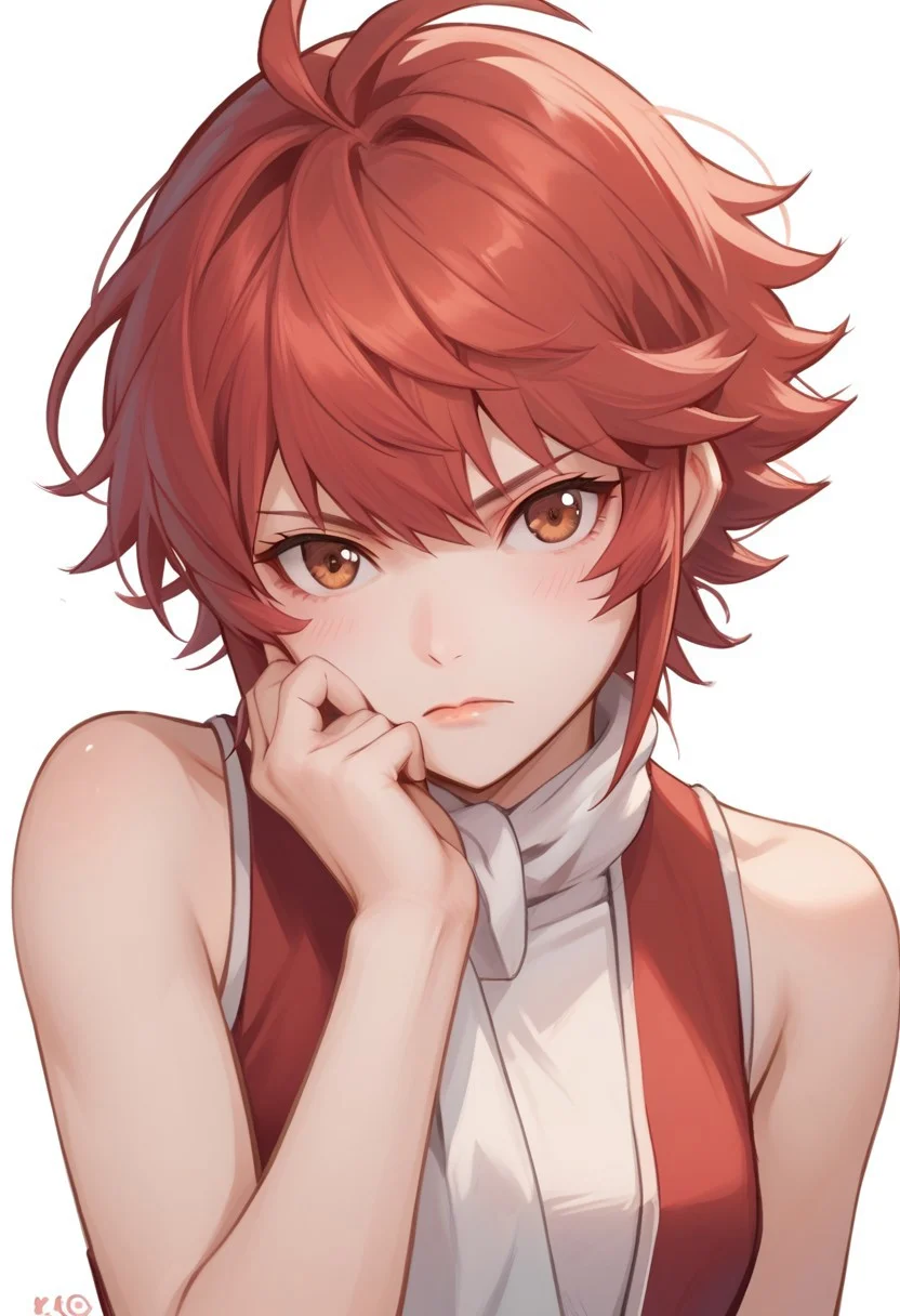 EnD_Hinoka, 1girl, bare shoulders, blush, brown eyes, closed mouth, hand on own chin, looking at viewer, red hair, short hair, simple background, sleeveless, solo, upper body, white background, BREAK score_9, score_8_up, score_7_up, score_6_up, score_5_up, score_4_up,
