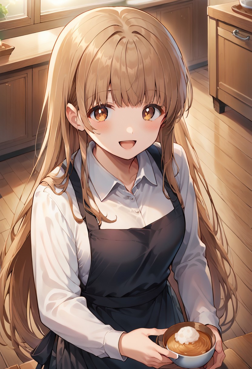 score_9, score_8_up, score_7_up, source_anime,mahiru shiina, brown eyes, long hair, brown hair, 1girl, solo, smile, shirt, apron, long sleeves, white shirt, looking at viewer, open mouth, blush, very long hair, wooden floor, :d, collared shirt