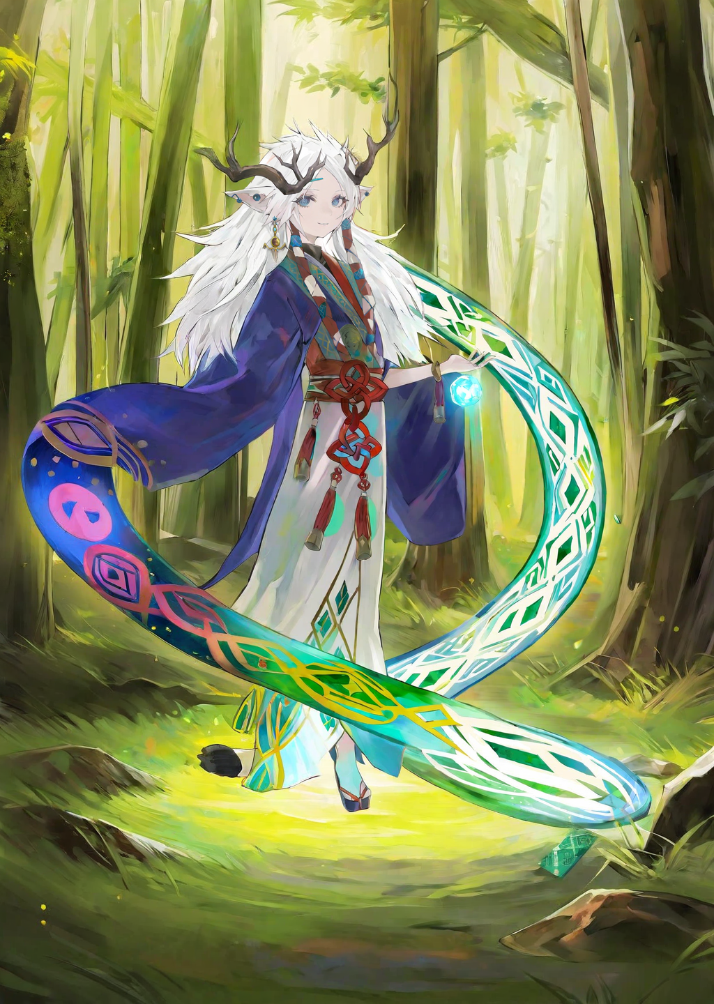 by jojomaki , by yogisya
1girl , looking at viewer, hair ornament,  , smile, medium hair
extremely beautiful detailed piercing eyes,
1 female druid healing animals in forest. glowing particles, celtic knot, mythical
masterpiece, best quality, high quality, highres, absurdres, very detailed, high resolution, sharp, sharp image, 8k, vivid, colorful, stunning, anime,   aesthetic