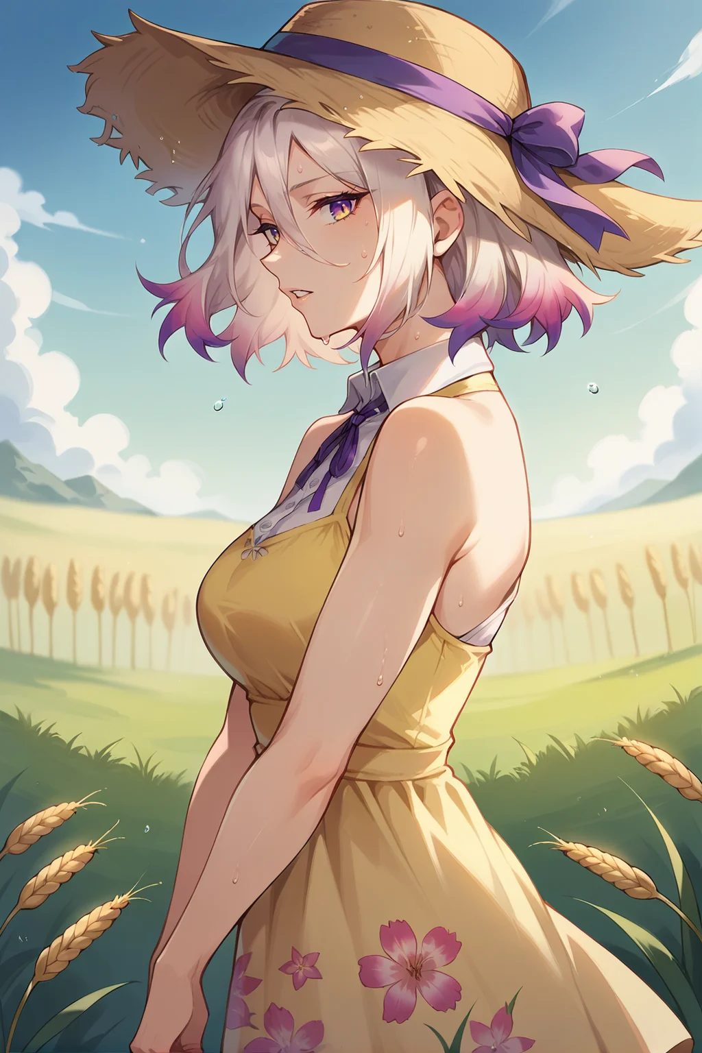 score_9_up, score_8_up, <lora:isaiahkr-ponyxl-beta1-08:0.9> isakr, 1girl, solo, gradient hair, hair between eyes, short hair, gradient eyes, (bright pupils), purple eyes, yellow eyes, sundress, collared dress, sleeveless dress, floral pattern, bare shoulders, straw hat, parted lips, sweat,cowboy shot, from side, (looking at viewer, head turn), large breasts, (v arms), (wheat field), (see-through:0.6), wind, <lora:AnimeStyle_for_PonyXLV6:0.4>