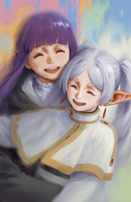 painting \(medium\), painterly, 2girls, frieren, ^ ^, :d, sousou no frieren, fern \(sousou no frieren\), hug from behind, 
cartoon, sunshine,
faux traditional media, multicolored background, 
style of disco elysium <lora:DiscoElysium NoobAI v-pred:0.8>
