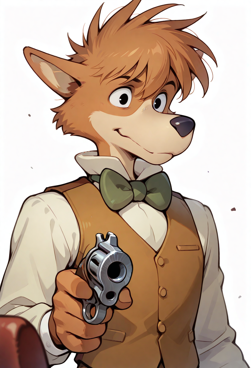 best quality, amazing quality, very aesthetic, absurdres, newest, sherlock hound, furry, furry male, male focus, 1boy, solo, black eyes, vest, bowtie, holding revolver, <lora:Sherlock_Hound_Meitantei_Holmes_Illustrious:1>
