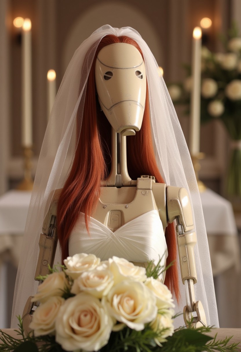 A 7-B1 battle droid with luscious long red hair wearing a white wedding dress and bridal veil. Blushing slightly. Holding a bouquet of white roses. At a wedding altar. Wedding decorations in the background. 16k, masterpiece.