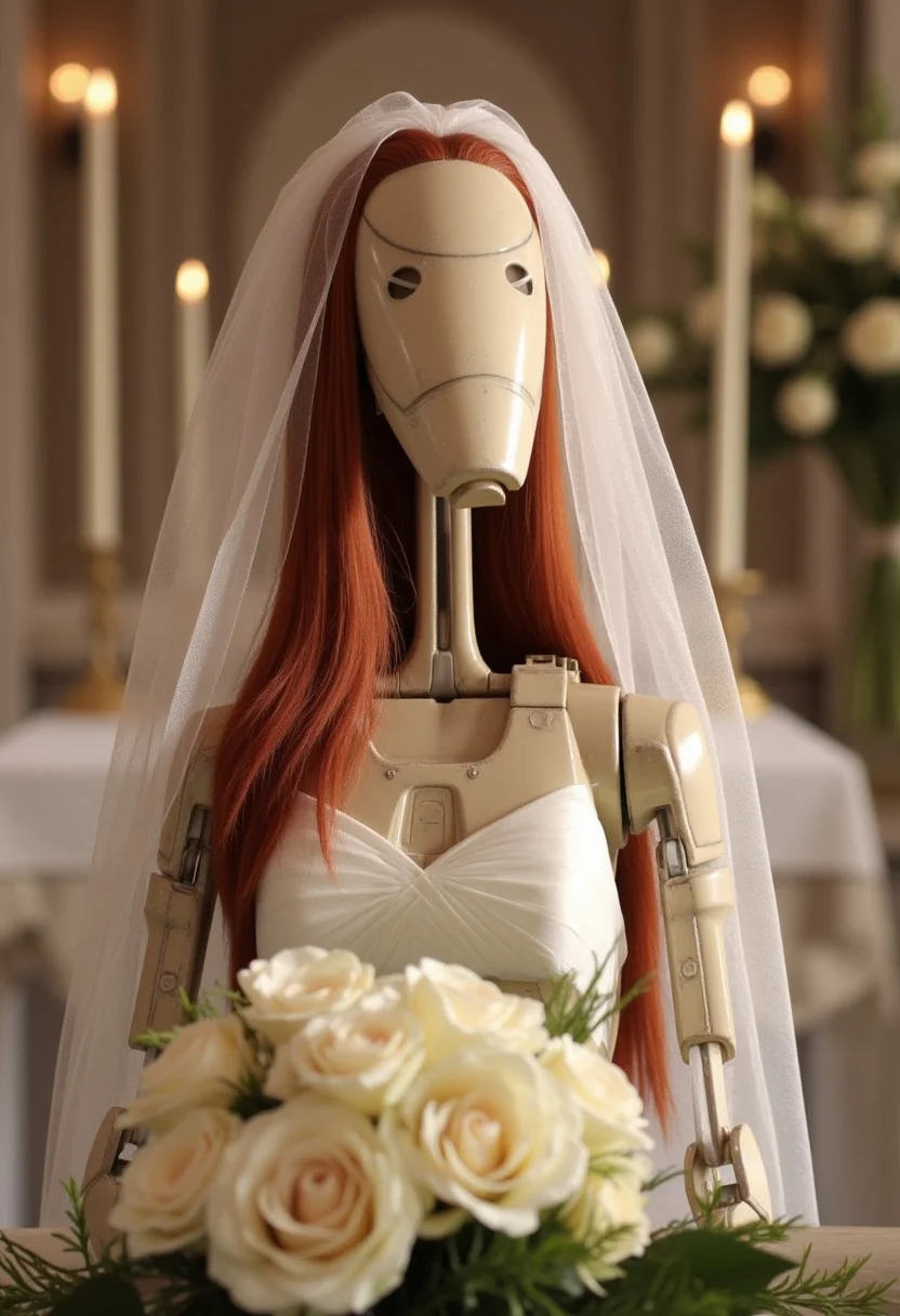 A 7-B1 battle droid with luscious long red hair wearing a white wedding dress and bridal veil. Blushing slightly. Holding a bouquet of white roses. At a wedding altar. Wedding decorations in the background. 16k, masterpiece.