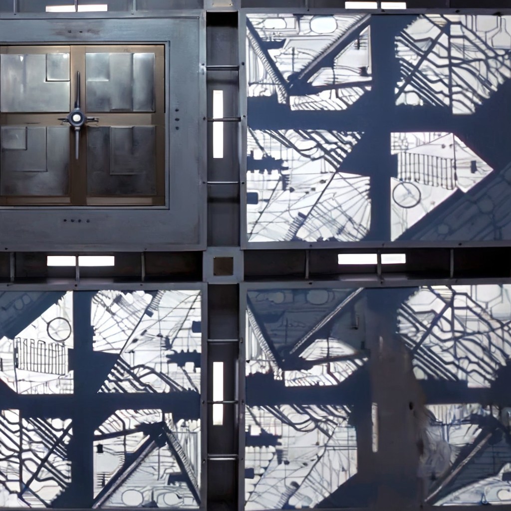 *A futuristic, cubic room where every surface—the floor, walls, and ceiling—looks identical, creating a symmetrical and disorienting space. The room is made of metallic panels, each featuring intricate, geometric patterns resembling advanced circuitry. These patterns are precisely cut into the metal, allowing a soft, white light to filter through, casting sharp, complex shadows across the surfaces. The cold, white light gives the room a sterile, almost otherworldly feel. The metallic surfaces subtly reflect the light and patterns, amplifying the sense of depth and making it difficult to distinguish one wall from another.
In the center of each of the six surfaces, including the floor and ceiling, is a square metallic door, seamlessly integrated into the surrounding panels. These doors are identical and blend into the room’s design, adding to the disorienting and claustrophobic atmosphere. The uniformity and symmetry of the room create a high-tech, sterile environment that feels isolating and mysterious.
The overall ambiance is one of eerie sophistication, blending advanced technology with unsettling uniformity. The space feels like a confining, enigmatic environment where every direction is the same, leaving anyone inside with a sense of isolation and uncertainty. Each surface of the room looks exactly the same. The room is 5 meters long in each direction.*