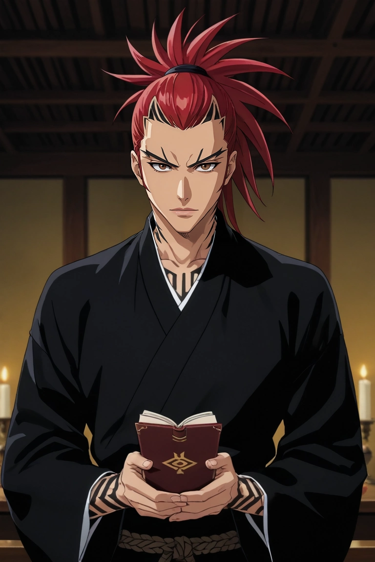score_9, score_8_up, score_7_up, source_anime, rating_safe, , anime screencap, , official style, looking at viewer, depth of field, 1boy, solo, male focus, <lora:renji_abarai_pony:0.98>, renji_abarai, red hair, brown eyes, spiked hair, long hair, ponytail, tattoo, black kimono, wizard's study, floating books, magical artifacts, star charts, researching pose, studious expression, candlelight, Khaki pants, BubblegumPink V-neck sweater, Sneakers, , and, <lora:sdxl_lightning_8step_lora:1>