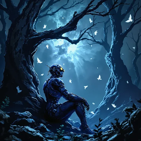 In the heart of a mystical forest, a lone sentinel stands watchful beneath the boughs of an ancient, gnarled tree. The humanoid robot, forged from dark metallic hues and glowing blue accents, sits with an air of quiet contemplation, its head tilted back to marvel at the celestial ballet unfolding above. Fireflies, like tiny lanterns, dance across the twilight sky, their soft luminescence casting an ethereal glow upon the surrounding foliage. As the last rays of sunlight fade, the ambient light shifts, embracing a palette of deep blues and purples, imbuing the atmosphere, <lora:Flux_Turbo_Alpha.safetensors:1.0> <lora:ArcaneFGTNR.safetensors:0.8> ArcaneFGTNR arcane style <lora:aidmaFLUXpro1.1-FLUX-V0.2.safetensors:0.7> aidmafluxpro1.1