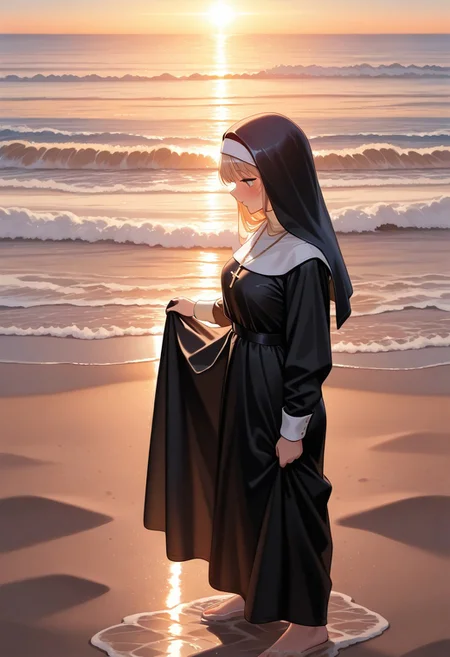 masterpiece, best quality, amazing quality,general, nun, beach, sunlight, limited palette,