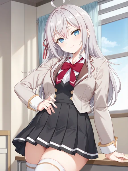 ((score_9)), ((score_8))
bedroom, smile, looking at viewer, cowboy shot, smile, pose, closed mouth,
<lora:add-detail-xl:1>
alyav4, 1girl, long hair, grey hair, blue eyes, ribbon, hair ribbon, hair between eyes, school uniform, jacket, shirt, white shirt, blazer, bow, bowtie, collared shirt, red ribbon, long sleeves, skirt, pleated skirt, black skirt, red bow, red bowtie, ahoge, thighhighs, white thighhighs, <lora:Alya-sanV3-04:0.9>
