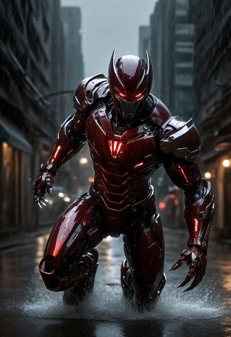 "Create a futuristic superhero character inspired by Wolverine, wearing a high-tech, metallic red and black suit of armor. The character is shown in a powerful, dynamic running pose in the middle of a rain-soaked street. His suit is sleek and form-fitting, with sharp, angular patterns, featuring glowing red highlights and chrome-like metallic surfaces. The armor is highly detailed with complex mechanical joints and segmented plates, giving it a robotic, cybernetic feel. His signature claws are extended, sharp, and metallic, glistening under the rain. The helmet covers most of his face, leaving only his eyes visible through a dark visor, with pointed, horn-like protrusions that curve back dramatically. The background is a rainy, dimly lit cityscape with the rain splashing off the ground, creating a sense of motion and intensity. The atmosphere is dark and cinematic, with water droplets and reflections adding realism to the scene. The character exudes strength, speed, and power as he charges forward with determination."