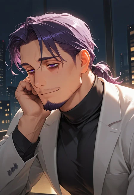 1boy, mbti_intp, mature man, purple eyes, droopy eyes, eye bags, tied hair, goatee, soft lighting, sensual gaze, leaning slightly, hint of a smile, elegant black turtleneck, subtle muscle definition, sophisticated urban background, nighttime