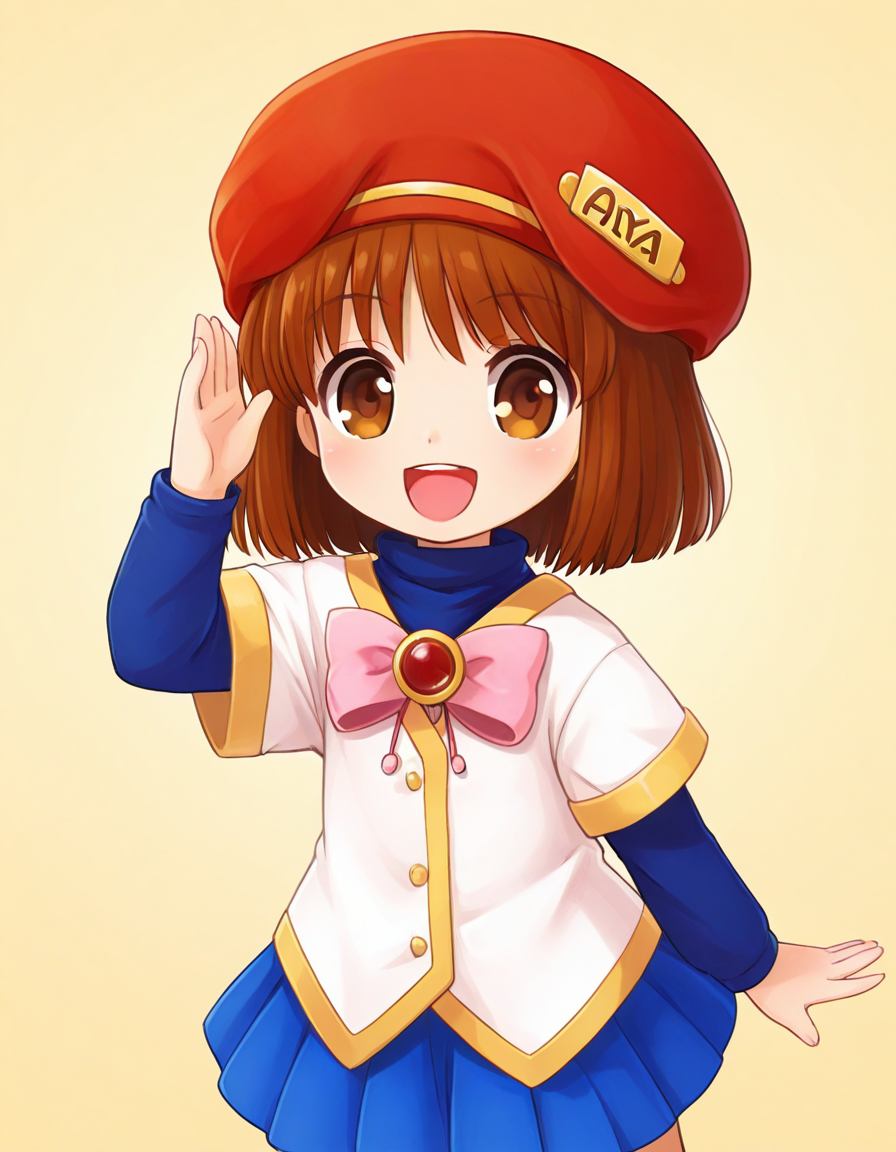 <lora:PuyoArleY_SDXL_Illustrious_fp16_ver08:1>,PuyoArleYD,1girl,solo,brown hair,brown eyes,vests,red beret, pink bow,blue skirt,buttons,;d,puyopuyo official style,chibi,village,, masterpiece, best quality, very aesthetic, absurdres,<lora:detailed_hands:1>,hand