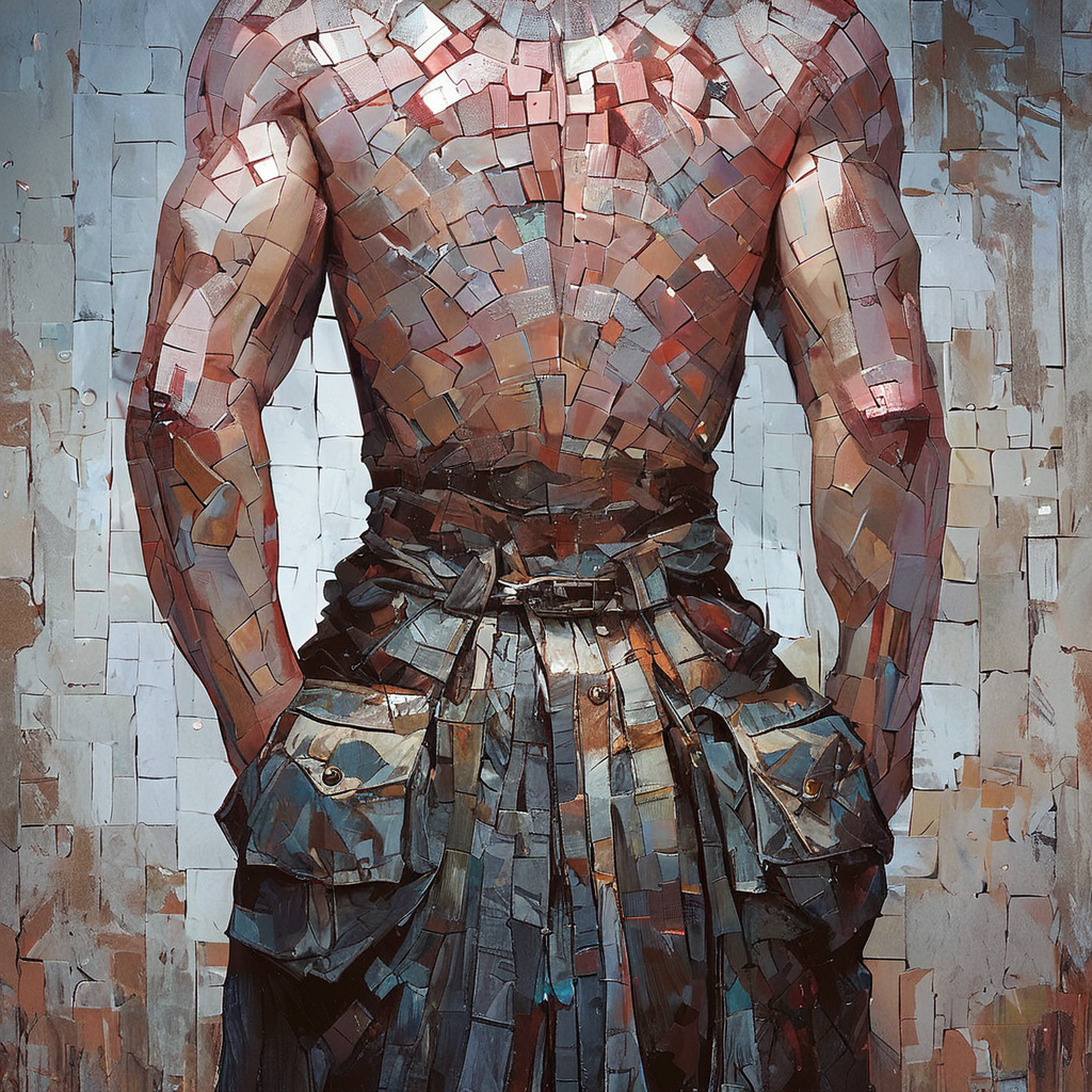 score_9, score_8_up, score_7_up snug lower body clothing, robotic fabric, textured,  regular fit, Empire Waist, back pockets, no humans, ArsMJStyle, Mosaic art  <lora:ArsMJStylePony_-_Mosaic:1>
