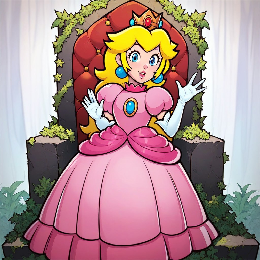 Score_9, score_8_up, score_7_up, 1girl, princess peach, sitting on a throne, waving at the viewer,