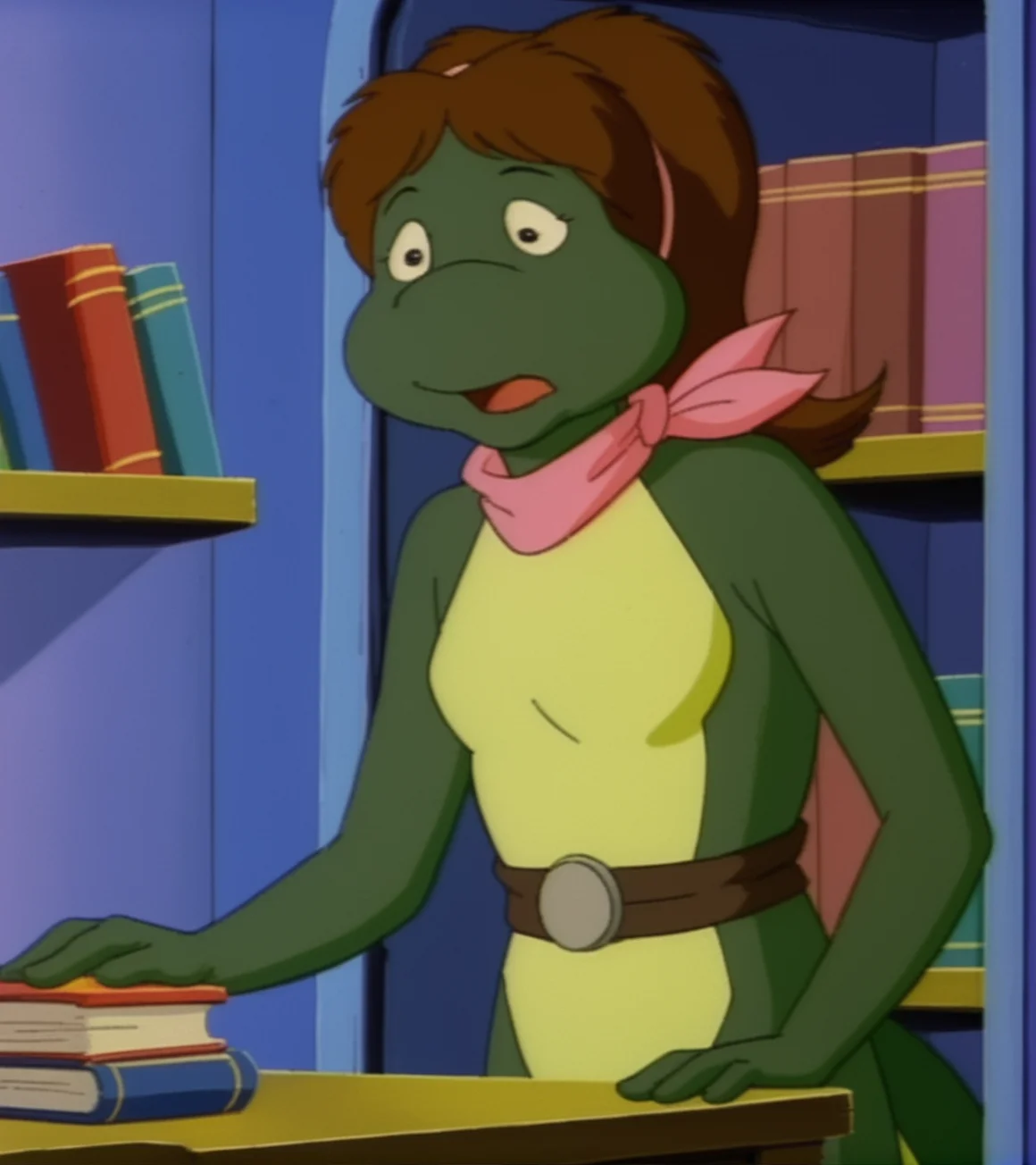 monalisatmnt, 1girl, green skin, belt, pink scarf, hairband, small breasts, open mouth, upper body, indoors, door, bookshelf in background with books, retro_artstyle, cartoon, source_cartoon, lowres, 1990s_(style), <lora:Mona_Lisa_TMNT_1987:1>