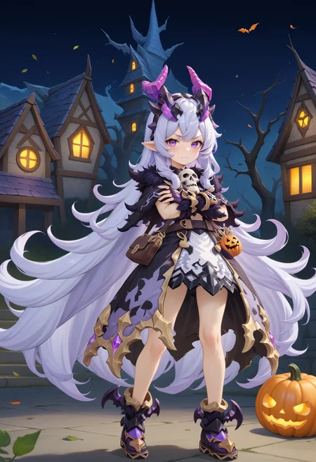masterpiece, best quality, very aesthetic, absurdres, rom_hela_xl,
1girl, purple hair, horns, purple eyes, grumpy, skull, fingerless gloves,
full body, standing, crossed arms, haunted house, withered trees, bats, halloween bucket, pumpkin,
outdoors, (wind, falling leaves, light particles:1.4), light rays, tyndall effect, vivid colors, tranquil and magical atmosphere,
shiny skin, beautiful face, beautiful eyes, extreme detailed, official art, professional illustration, hires,
<lora:rom_hela_xl:1>, <lora:aesthetic_anime_v1s:0.5>, <lora:add_details_xl:0.5>