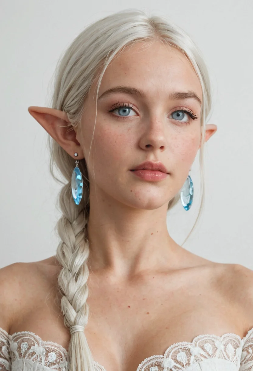 masterpiece, best quality, amazing quality, portrait, elf woman, platinum hair with braids, glowing eyes, ornate earrings, ethereal beauty, porcelain skin, fantasy lighting, hyperrealistic skin detail, regal expression