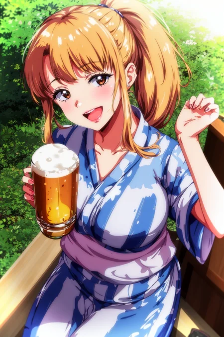 <lora:LCM_LoRA_Weights_SD15:0.3>, (masterpiece), (best quality), <lora:H.Aika:0.8>, h.aika, solo, ring, jewelry, sharp focus, milf, large breasts, bright smile, open mouth, looking at viewer, ponytail, sunlight, outdoors, morning, soreshortening, (from above:1.2), yukata, matsuri, japanese festival