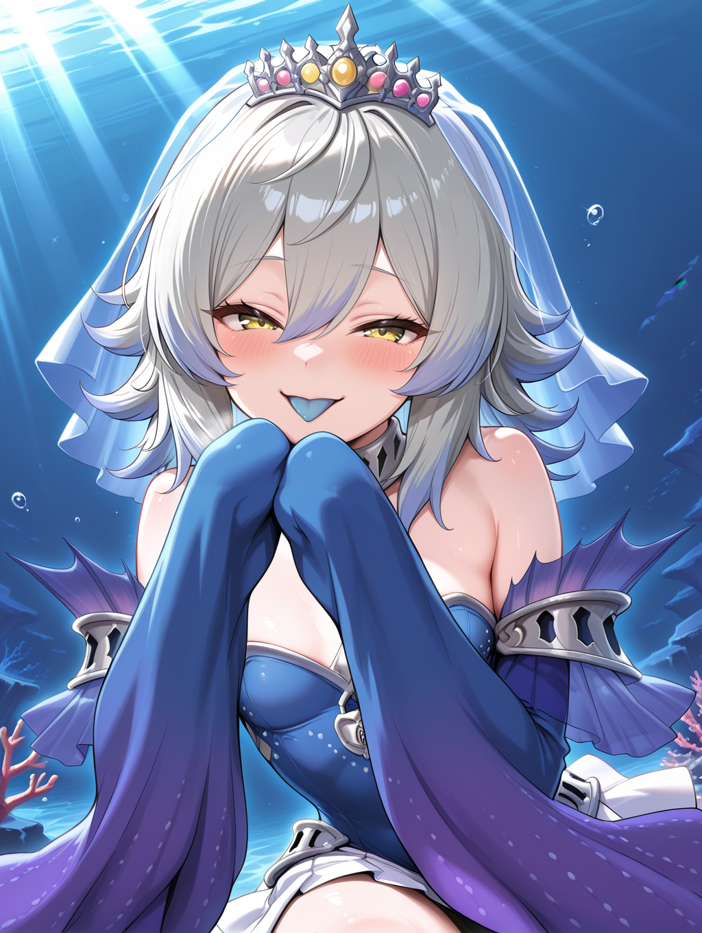 blue dress,tearlaments merrli,silver tiara,blue detached sleeves,mermaid,calf fins,1girl,solo,blue bridal veil,tongue out,blush,looking at viewer,smile,sleeves past fingers,small breasts,underwater,coral,light rays,naughty face,blue tongue, calf fins,
masterpiece,best quality,amazing quality,very aesthetic,absurdres,newest,<lora:Tearlaments Merrli illuXL v1:0.75>,