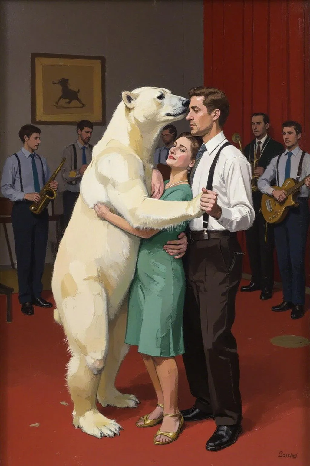 euanuglow1 painting of a man and a woman dancing with a polar bear at a jazz club. A band is playing in the background.
<lora:euanuglow1_cap_d6aee11:1.0><lora:845538705629303330:0>