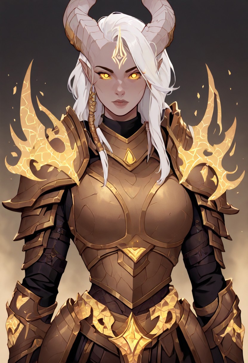 masterpiece, best quality, newest, absurdres, highres, FCOMV1.0, 1girl, DRA-V1.0-LF, lightforged draenei, draenei, glowing eyes, yellow eyes, glowing tattos, tattos, armor,