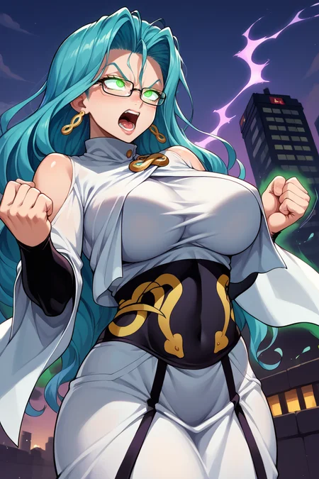 score_9, score_8_up, score_7_up, score_6_up, source_anime, BREAK 1girl, mature female, <lora:psykos-pdxl-nvwls-v1-000005:1> psykos, cyan hair, wavy hair, very long hair, glasses, earrings, white dress, brooch, underbust, long dress, bridal gauntlets, large breasts, glowing eyes, screaming, night sky, purple sky, city, aura, green aura, clenched hands