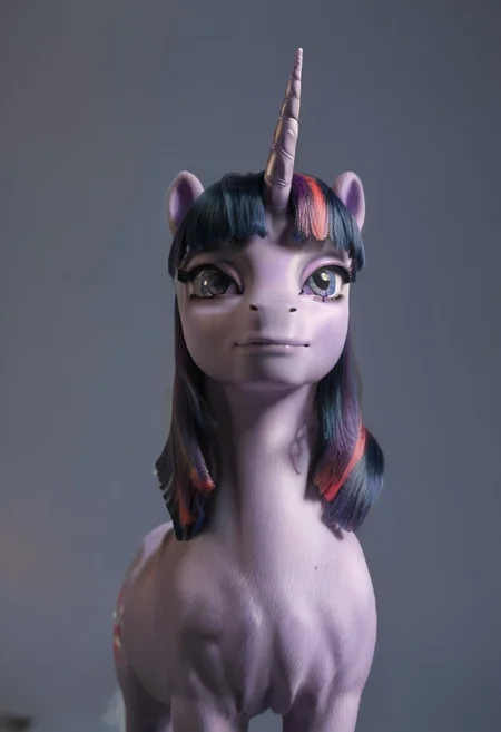 score_9, score_8_up, score_7_up, score_6_up, score_5_up, score_4_up, Realistic, solo, slender, slim, twilight sparkle, no humans, horn, unicorn, horse, pony, female, mare, unicorn, calm, unkempt mane, rear view, looking back, looking over shoulder, smirk, (fur:0.9), big eyes, realistic, photo, detailed, beautiful, small eyes, realistic eyes, c1op1c1an, face focus