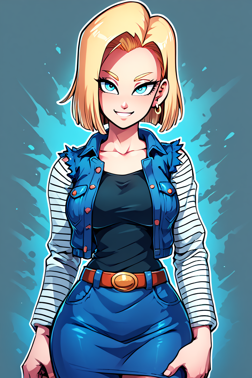 score_9, score_8_up, score_8, medium breasts, (curvy), cute, eyelashes,      ,,,  <lora:Android18PDXL:1.0>, zzAndroid18, blue eyes, blonde hair, short hair, jacket, denim, denim jacket, jewelry, earrings, long sleeves, shirt, skirt, belt, stripes, BREAK, smile, looking at viewer, ,,, abstract background, white outline, cowboy shot, ,,, embedding:zPDXL, Expressiveh, ,,, <lora:theOtherHalfPDXL:0.8>, <lora:CatalystStylePDXL:0.6>, <lora:SDXLFaeTastic2400:0.5>, <lora:Expressive_H-000001:0.4>,