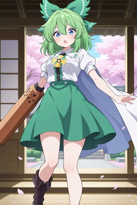 absurdres, highres, masterpiece, best quality, amazing quality, official anime artwork, screencap, anime screencap, indoors, dynamic pose, hakurei shrine, outdoors, petals, 
 <lora:Ruukoto_Illustrious:1> ruukoto, 1girl, solo, blue eyes, green hair, medium hair,, radiation symbol, 
<lora:Utsuho-Reiuji_IllustriousV2:0.3> green bow, hair bow, white cape, white shirt, green skirt, puffy short sleeves, asymmetrical footwear, arm cannon,