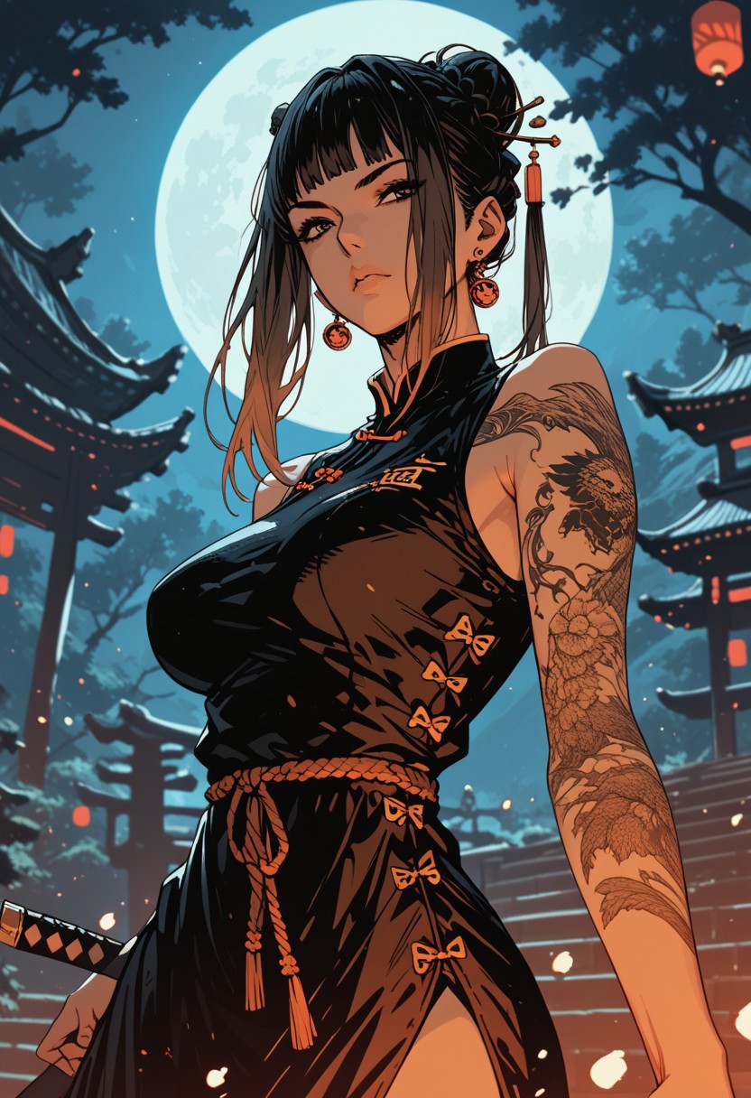 score_9, score_8_up, score_7_up, score_6_up, 1woman, mature woman, (score_9, score_8_up:1.1), score_7_up,
Very long black hair, brown gradient hair, high hair bun, brown eyes, pale skin, big breasts,  full right arm tattoo, sleeveless_kimono, Chinese attire, detailed background, chinese temple, tough face, night, dynamic pose,  shadows, posing, Standing, holding a sword, dark light, night, hot , masterpiece,