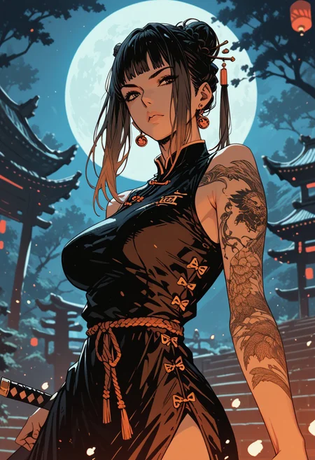 score_9, score_8_up, score_7_up, score_6_up, 1woman, mature woman, (score_9, score_8_up:1.1), score_7_up,
Very long black hair, brown gradient hair, high hair bun, brown eyes, pale skin, big breasts, full right arm tattoo, sleeveless_kimono, Chinese attire, detailed background, chinese temple, tough face, night, dynamic pose, shadows, posing, Standing, holding a sword, dark light, night, hot , masterpiece,