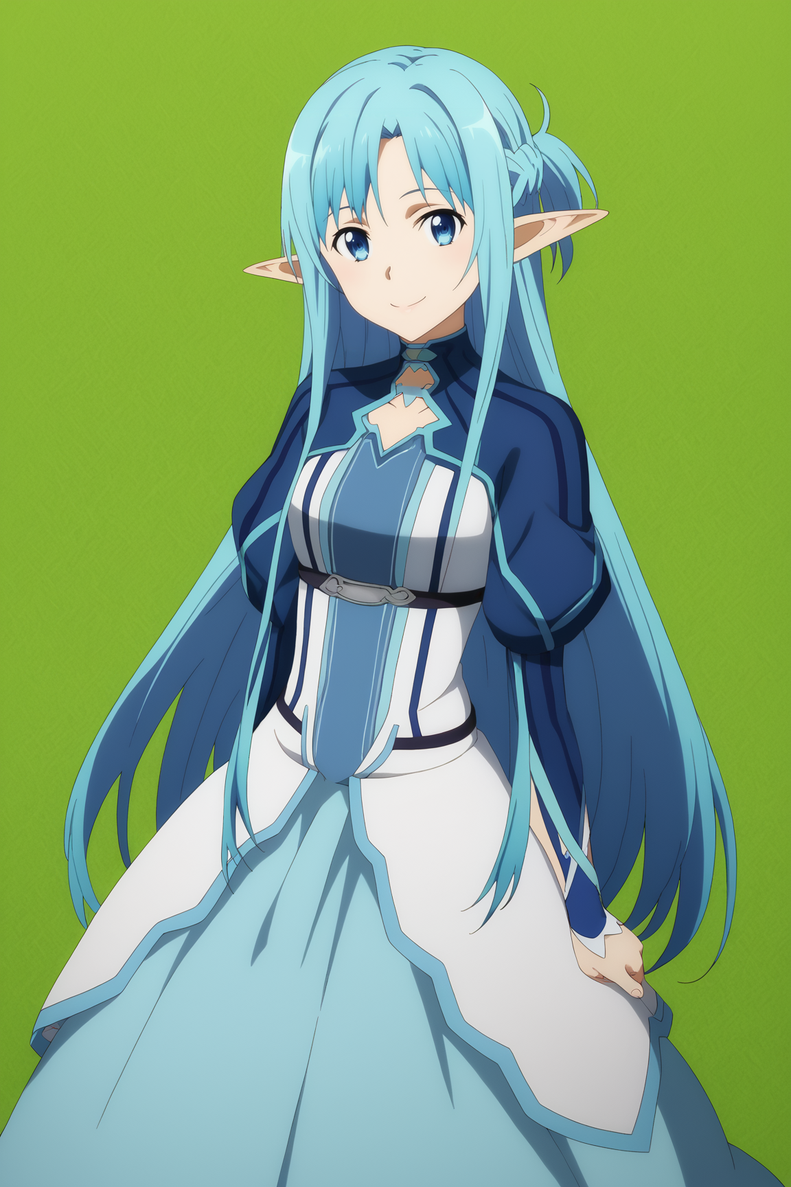 score_9, score_8_up, score_7_up, source anime, prefect lighting, very aesthetic, BREAK, anime coloring, anime screencap, official art, 
<lora:asuna_sao_v2-pdv6:1>, 1girl, asuna \(sao-alo\), sword art online, blue eyes, blue hair, elf,
alodress, blue dress,
BREAK, looking at viewer, smile,
BREAK,
