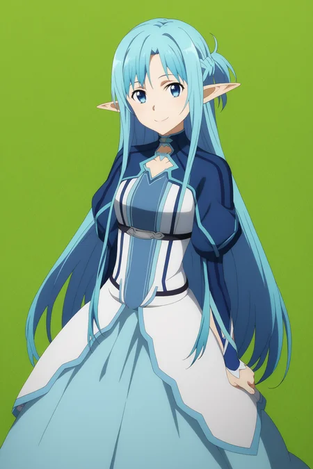 score_9, score_8_up, score_7_up, source anime, prefect lighting, very aesthetic, BREAK, anime coloring, anime screencap, official art,
<lora:asuna_sao_v2-pdv6:1>, 1girl, asuna \(sao-alo\), sword art online, blue eyes, blue hair, elf,
alodress, blue dress,
BREAK, looking at viewer, smile,
BREAK,