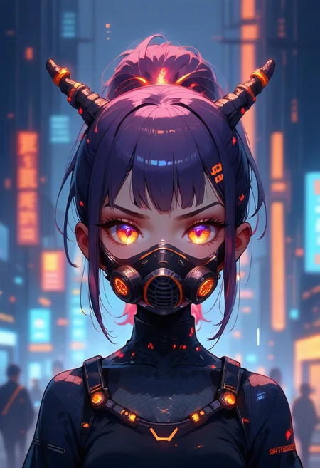 (score_9,score_8_up,score_7_up,score_6_up), moves with fluid grace,their luminescent skin reflecting the neon glow of the futuristic skyline. Their otherworldly eyes,pulsating with hues of violet and amber,scowl,body scales,portrait,wearing a full faced mask,emitting glowing energy,intense gaze,hair made of gold,small breasts, kawaii cyberpunk, kawaii cyberpunk style, vibrant, pastel color palette, dynamic hair design, kawaii clothing style, tech-inspired accessories, glowing effects, kawaii aesthetic, chibi aesthetic, whimsical floating objects, popping visual effects, fantasy elements, detailed accessories
